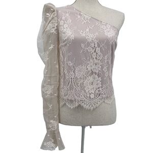 NBD Cream Mesh Lace Over Salmon Pink Lining One Shoulder Sheer Sleeve Top Size S